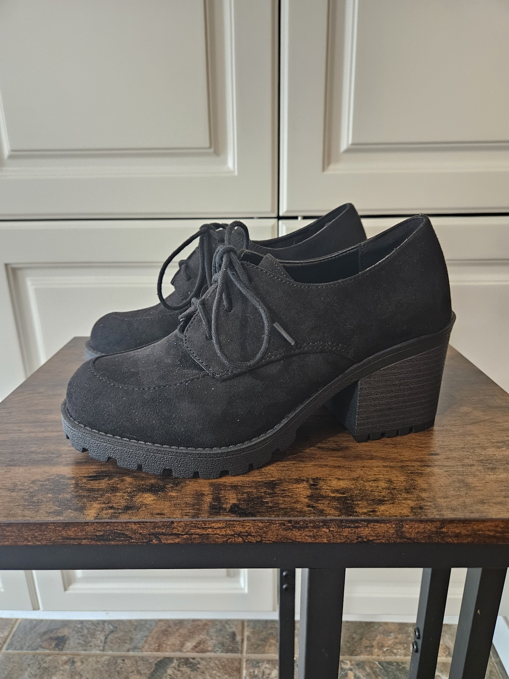 Y2k 90s Alt Grunge Goth Black Suede Lug Sole Platform Heeled Oxford Ankle Boots